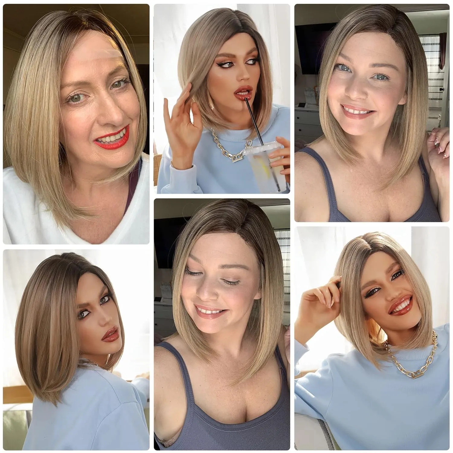 HAIRCUBE Short Wigs for Women,Ombre Ash blonde Bob Wig Shoulder Length Synthetic Wig Heat Resistant Hair for Daily Party Use 12 Inches