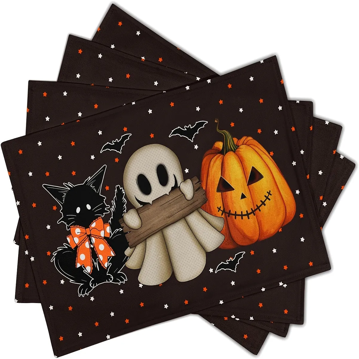 Halloween Placemats Set (1/4/6/8/12pcs) - Non-Slip, Heat-Resistant Table Mats with Ghosts, Pumpkins, Black Cats & Bats Design for Festive Dining Decor, Indoor & Outdoor Use, Polyester, Rectangular