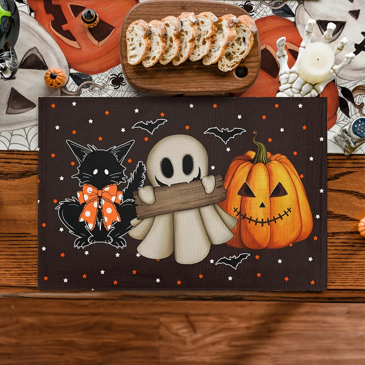 Halloween Placemats Set (1/4/6/8/12pcs) - Non-Slip, Heat-Resistant Table Mats with Ghosts, Pumpkins, Black Cats & Bats Design for Festive Dining Decor, Indoor & Outdoor Use, Polyester, Rectangular