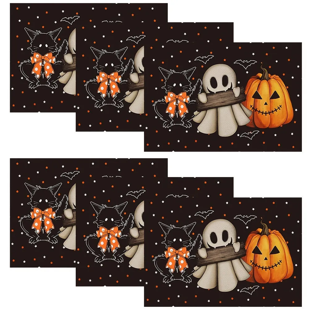 Halloween Placemats Set (1/4/6/8/12pcs) - Non-Slip, Heat-Resistant Table Mats with Ghosts, Pumpkins, Black Cats & Bats Design for Festive Dining Decor, Indoor & Outdoor Use, Polyester, Rectangular
