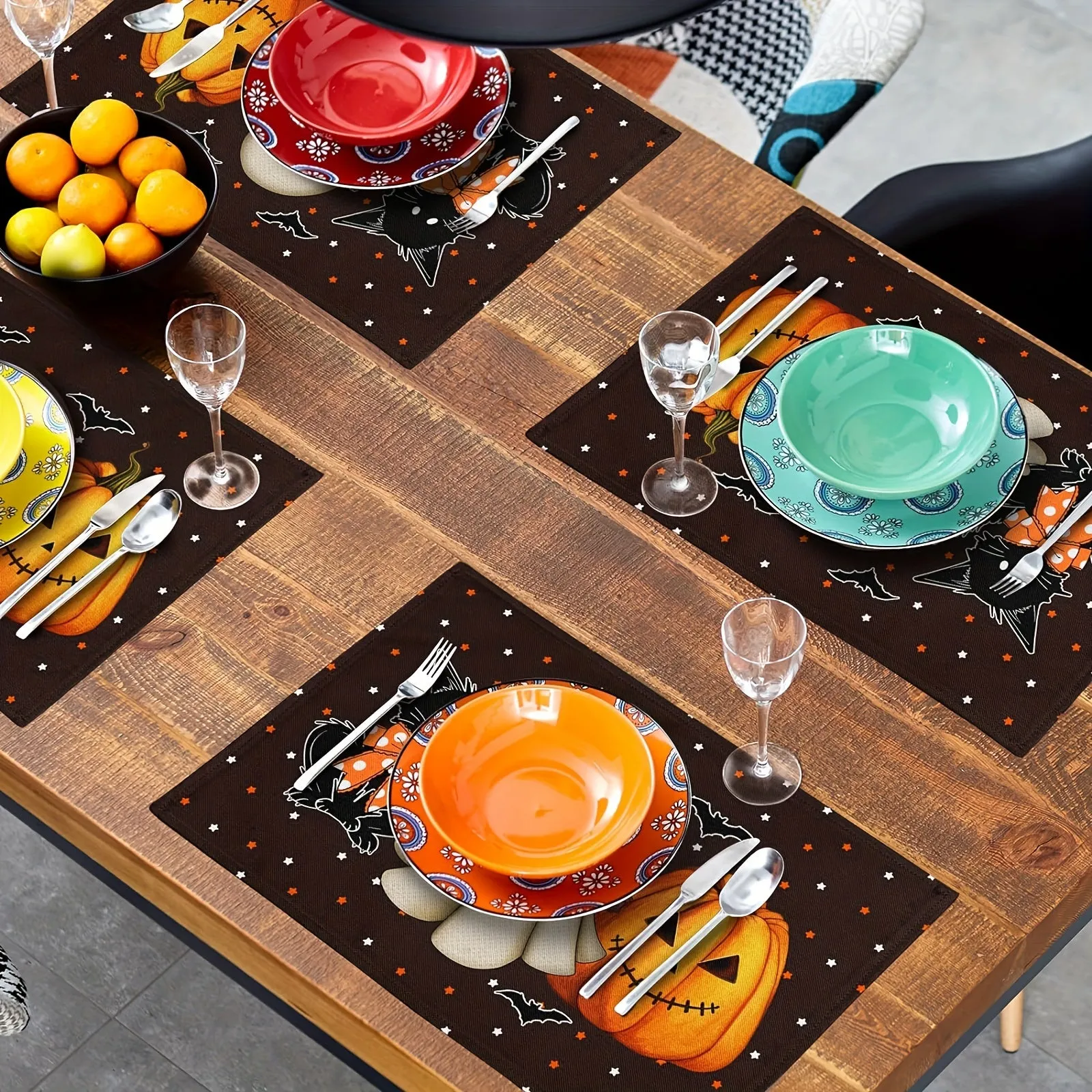 Halloween Placemats Set (1/4/6/8/12pcs) - Non-Slip, Heat-Resistant Table Mats with Ghosts, Pumpkins, Black Cats & Bats Design for Festive Dining Decor, Indoor & Outdoor Use, Polyester, Rectangular