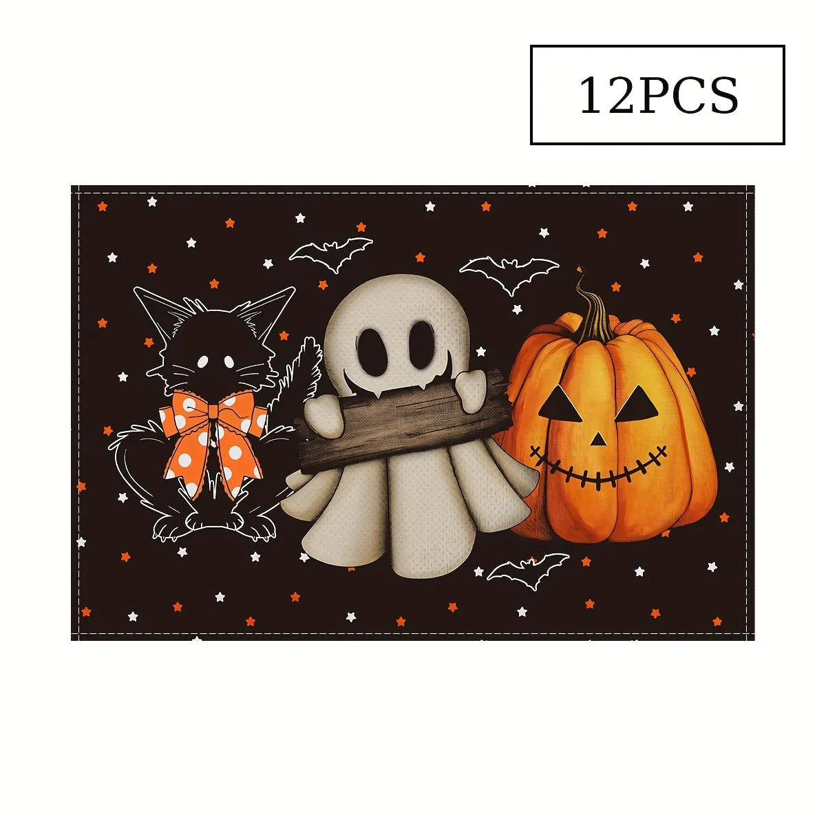 Halloween Placemats Set (1/4/6/8/12pcs) - Non-Slip, Heat-Resistant Table Mats with Ghosts, Pumpkins, Black Cats & Bats Design for Festive Dining Decor, Indoor & Outdoor Use, Polyester, Rectangular