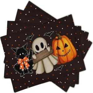 Halloween Placemats Set (1/4/6/8/12pcs) - Non-Slip, Heat-Resistant Table Mats with Ghosts, Pumpkins, Black Cats & Bats Design for Festive Dining Decor, Indoor & Outdoor Use, Polyester, Rectangular