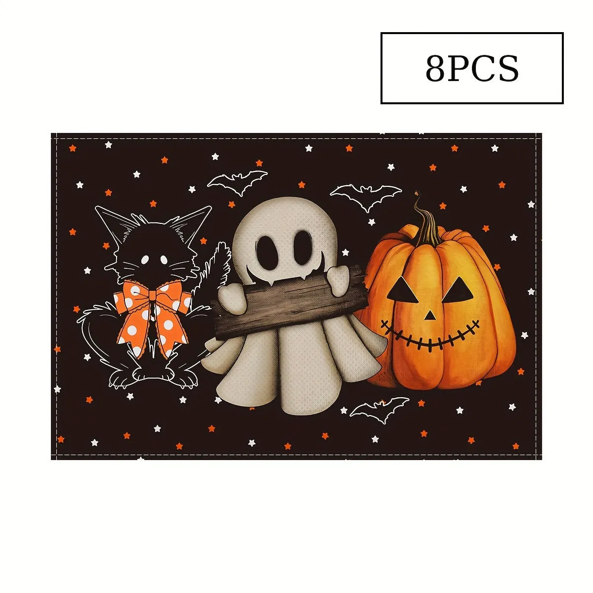Halloween Placemats Set (1/4/6/8/12pcs) - Non-Slip, Heat-Resistant Table Mats with Ghosts, Pumpkins, Black Cats & Bats Design for Festive Dining Decor, Indoor & Outdoor Use, Polyester, Rectangular