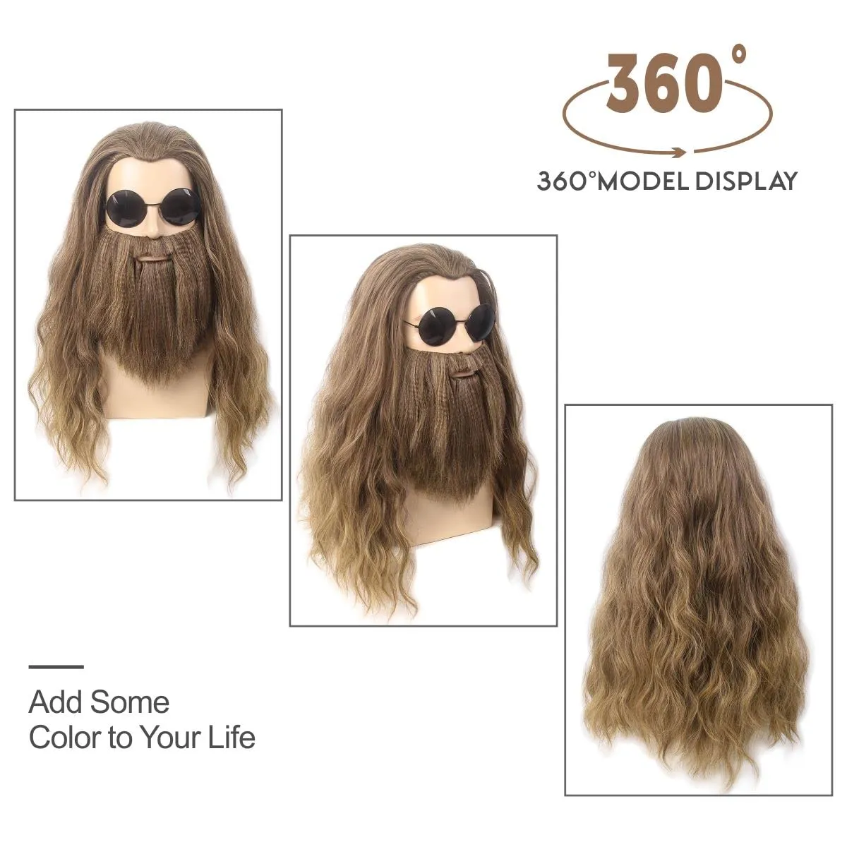 H&Bwig Long Ombre Blonde Men Wigs with Beard Heat Resistant Wavy 80s Wig for Hippie Rock Costume Cosplay Anime Party Costume Beard Wig