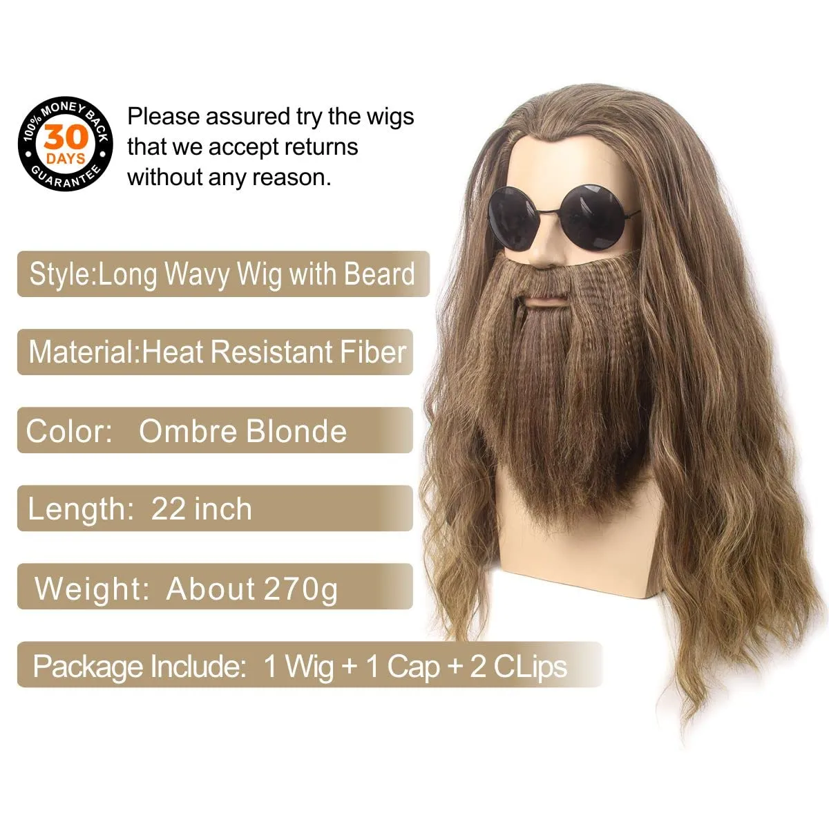 H&Bwig Long Ombre Blonde Men Wigs with Beard Heat Resistant Wavy 80s Wig for Hippie Rock Costume Cosplay Anime Party Costume Beard Wig