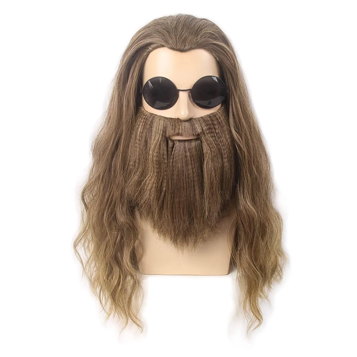 H&Bwig Long Ombre Blonde Men Wigs with Beard Heat Resistant Wavy 80s Wig for Hippie Rock Costume Cosplay Anime Party Costume Beard Wig