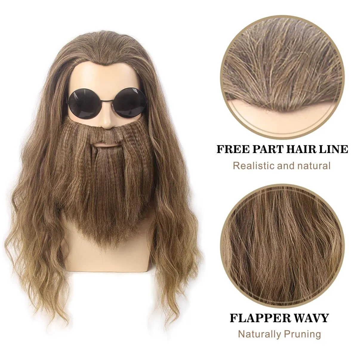 H&Bwig Long Ombre Blonde Men Wigs with Beard Heat Resistant Wavy 80s Wig for Hippie Rock Costume Cosplay Anime Party Costume Beard Wig