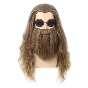 H&Bwig Long Ombre Blonde Men Wigs with Beard Heat Resistant Wavy 80s Wig for Hippie Rock Costume Cosplay Anime Party Costume Beard Wig