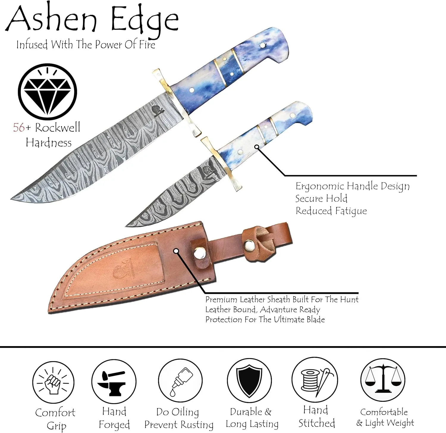 Handcrafted Damascus Steel 2-Knife Set | 56  Rockwell Hardness | Camel Bone & Wood Ergonomic Handles | 4” Precision & 7” Multiuse Blades | Premium Leather Sheath | Hunting, Camping, Survival, Outdoor, Tactical Knife Set (Blue)