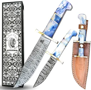 Handcrafted Damascus Steel 2-Knife Set | 56  Rockwell Hardness | Camel Bone & Wood Ergonomic Handles | 4” Precision & 7” Multiuse Blades | Premium Leather Sheath | Hunting, Camping, Survival, Outdoor, Tactical Knife Set (Blue)