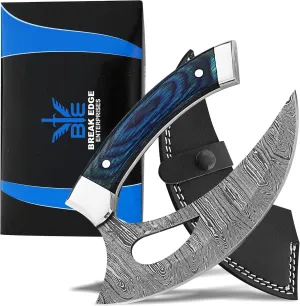 Handcrafted Damascus Steel Ulu Knife with Blue Wood Handle, Curved Blade, Slicing Meat & Herbs Knife, Father Mother Charitmass Gift