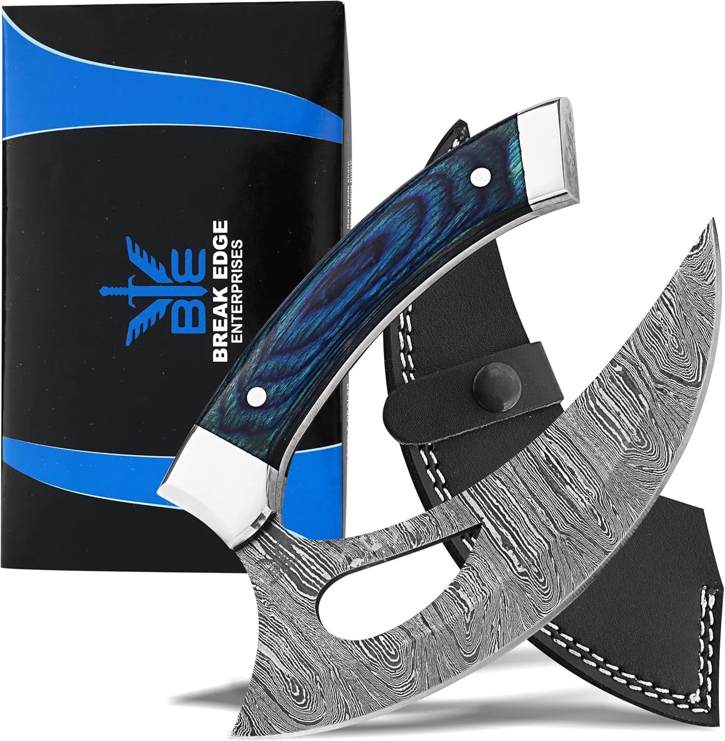 Handcrafted Damascus Steel Ulu Knife with Blue Wood Handle, Curved Blade, Slicing Meat & Herbs Knife, Father Mother Charitmass Gift