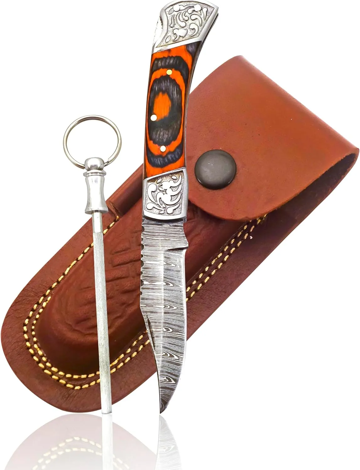 Handmade Damascus Pocket Knife for Men - 7.2 Inches Engraved Steel Damascus Folding Pocket Knife with Belt Holster - Pocket Knives & Folding Knives with Sheath & Back Lock - EDC Knife Pocket.(Orange)