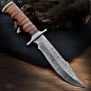 Handmade Damascus Steel 12 Inches Hunting Bowie Knife for Outdoor, Bushcraft,Comping,Survival knife with sheath Leather and Damascus Steel Guards Handle