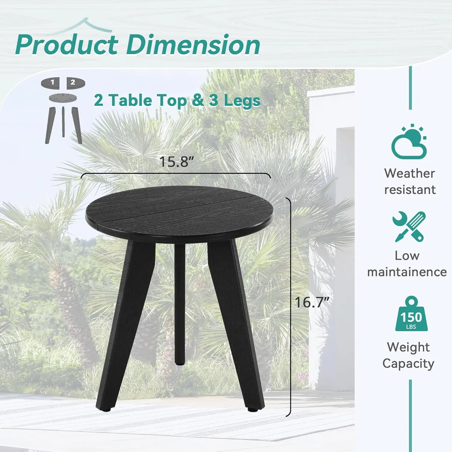 HDPE Outdoor Side Table, Small Round Side Table Weather-Resistant, Outdoor Side Tables for Patio, Porch, Deck, End Table for Plant Stand, Living Room, Bedroom, Black