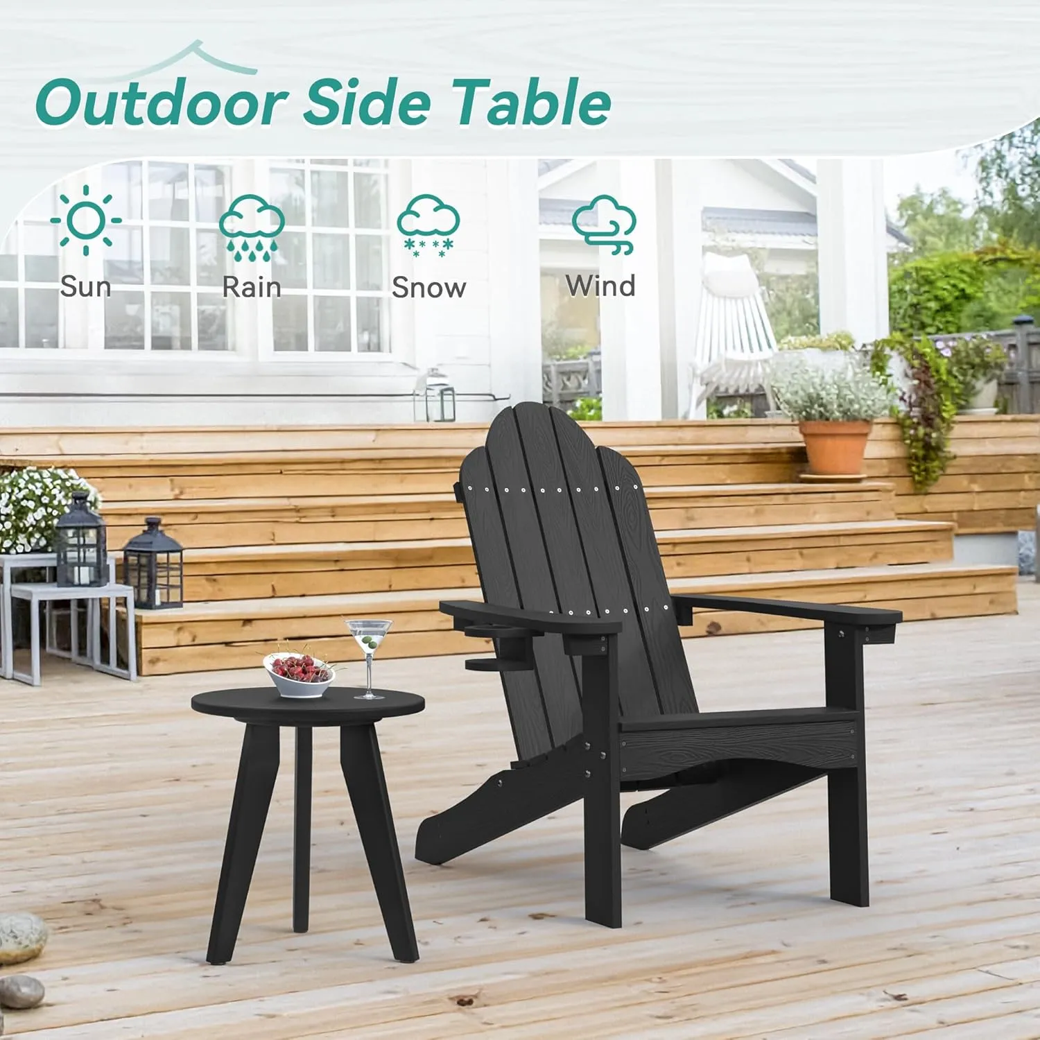 HDPE Outdoor Side Table, Small Round Side Table Weather-Resistant, Outdoor Side Tables for Patio, Porch, Deck, End Table for Plant Stand, Living Room, Bedroom, Black