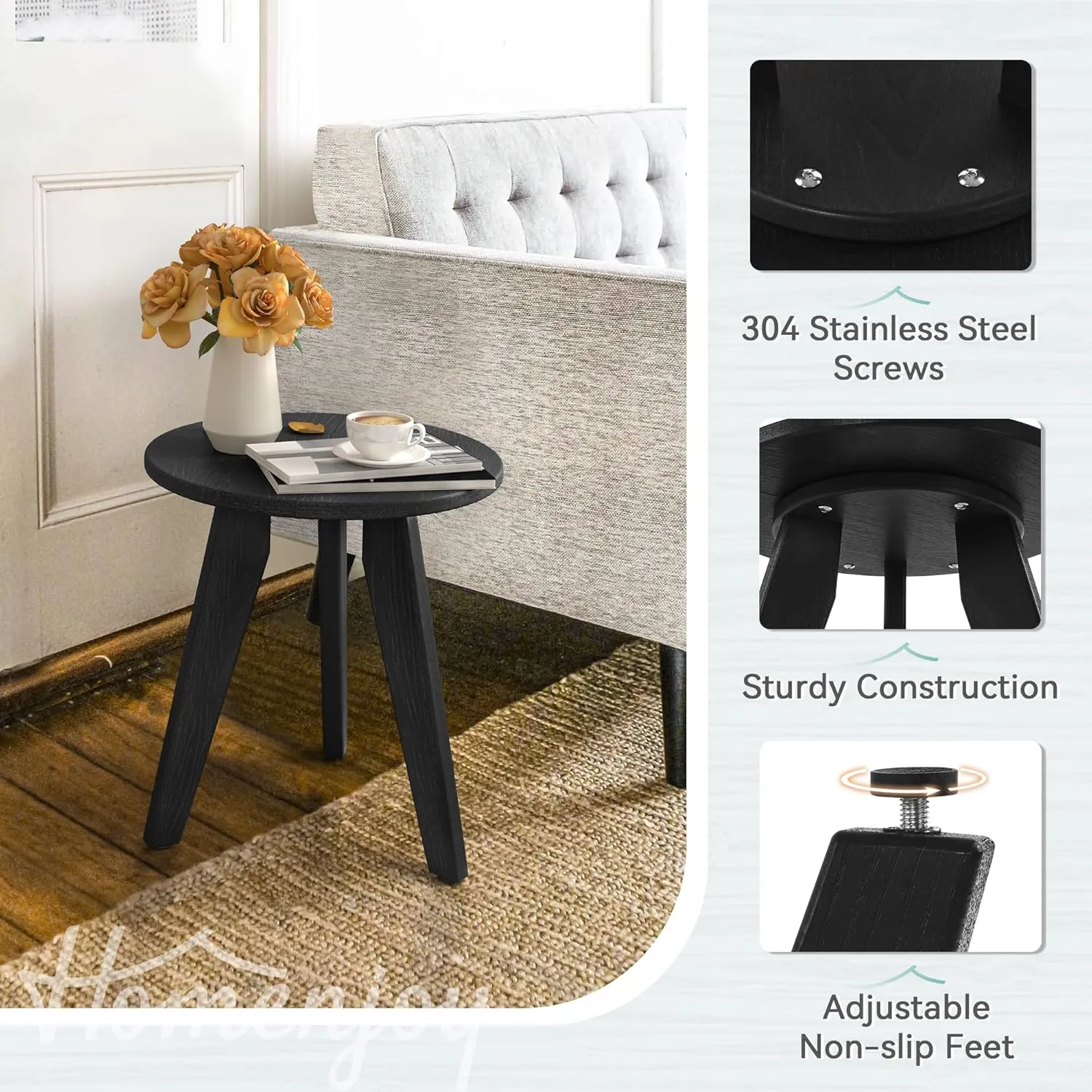 HDPE Outdoor Side Table, Small Round Side Table Weather-Resistant, Outdoor Side Tables for Patio, Porch, Deck, End Table for Plant Stand, Living Room, Bedroom, Black