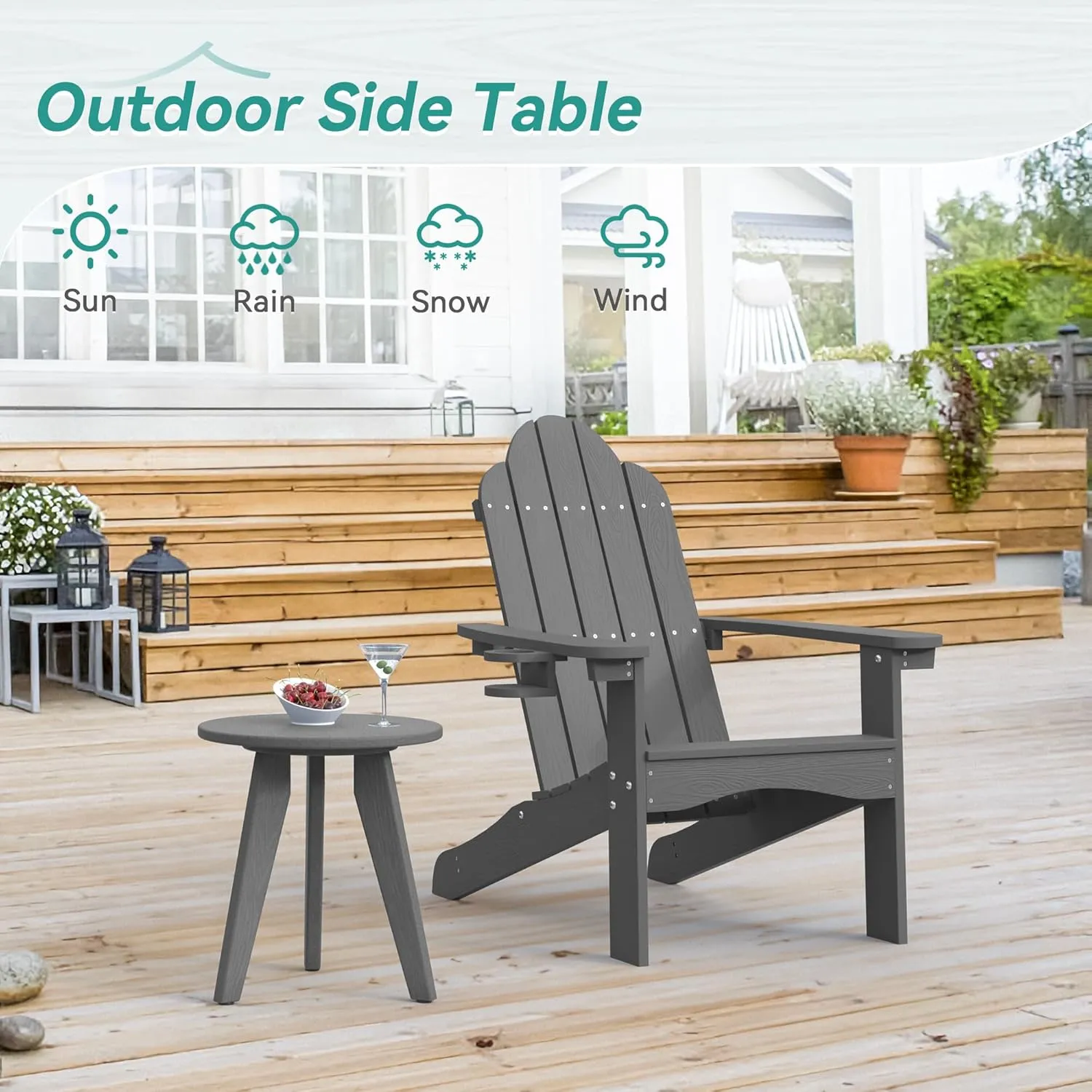 HDPE Outdoor Side Table, Small Round Side Table Weather-Resistant, Outdoor Side Tables for Patio, Porch, Deck, End Table for Plant Stand, Living Room, Bedroom, Gray