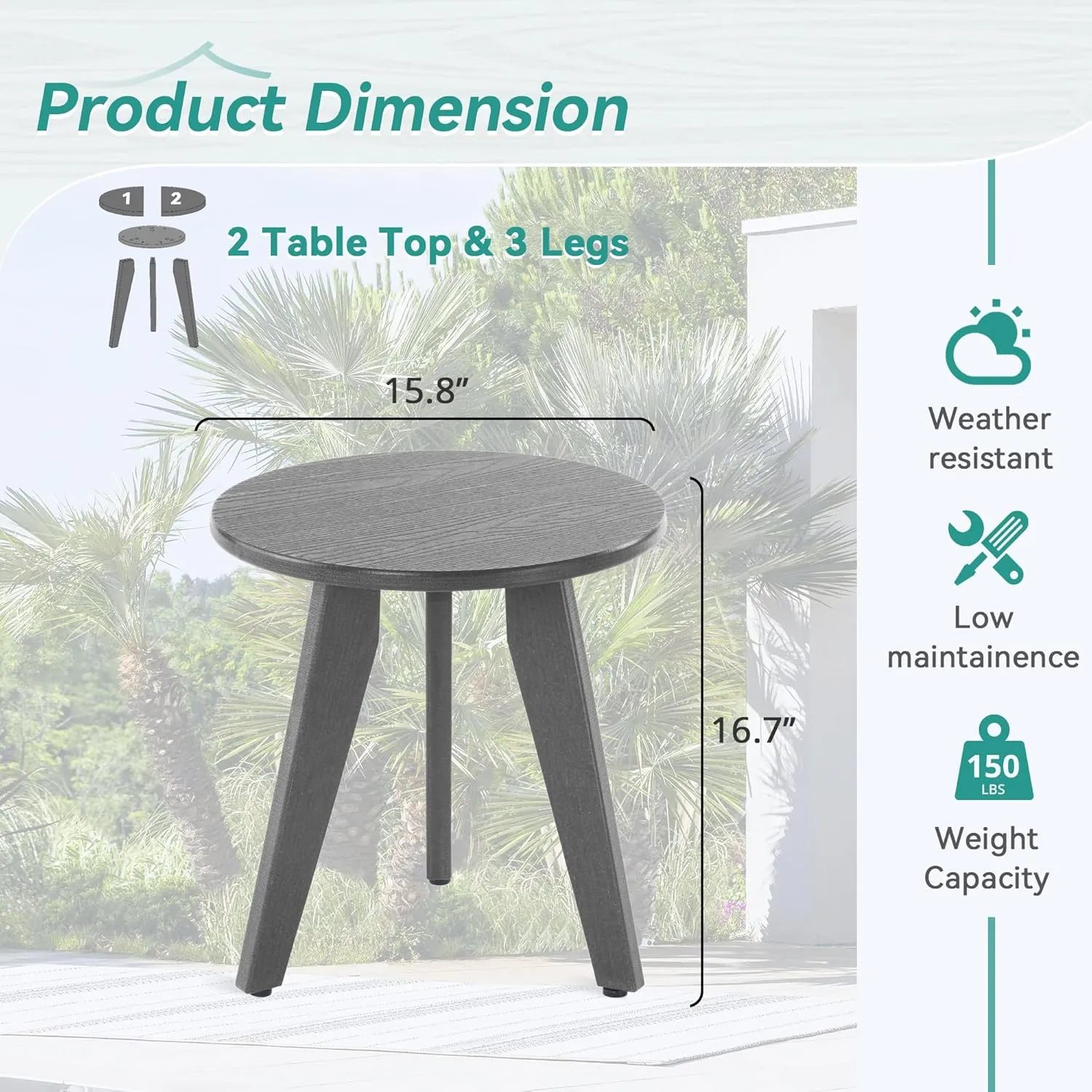 HDPE Outdoor Side Table, Small Round Side Table Weather-Resistant, Outdoor Side Tables for Patio, Porch, Deck, End Table for Plant Stand, Living Room, Bedroom, Gray