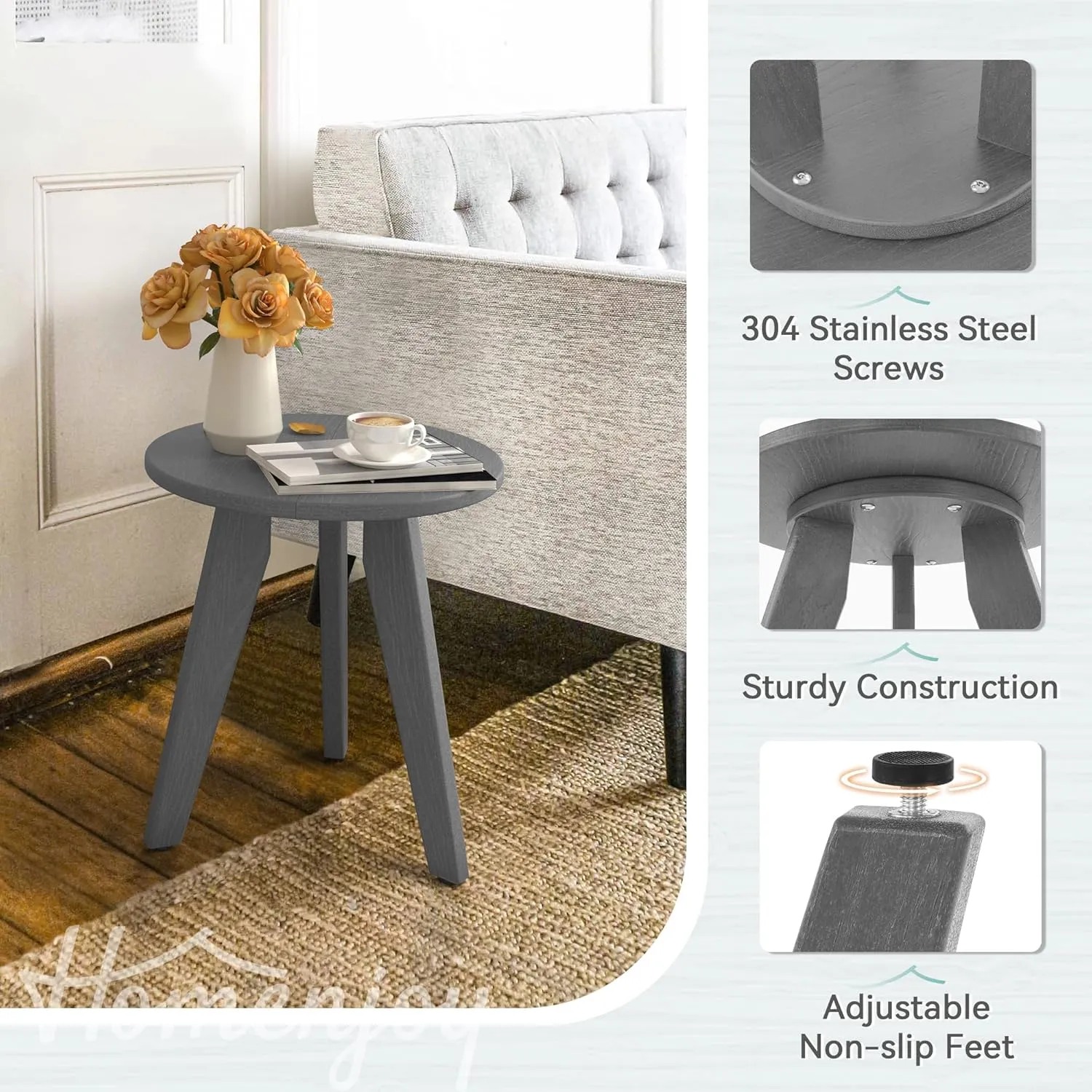 HDPE Outdoor Side Table, Small Round Side Table Weather-Resistant, Outdoor Side Tables for Patio, Porch, Deck, End Table for Plant Stand, Living Room, Bedroom, Gray
