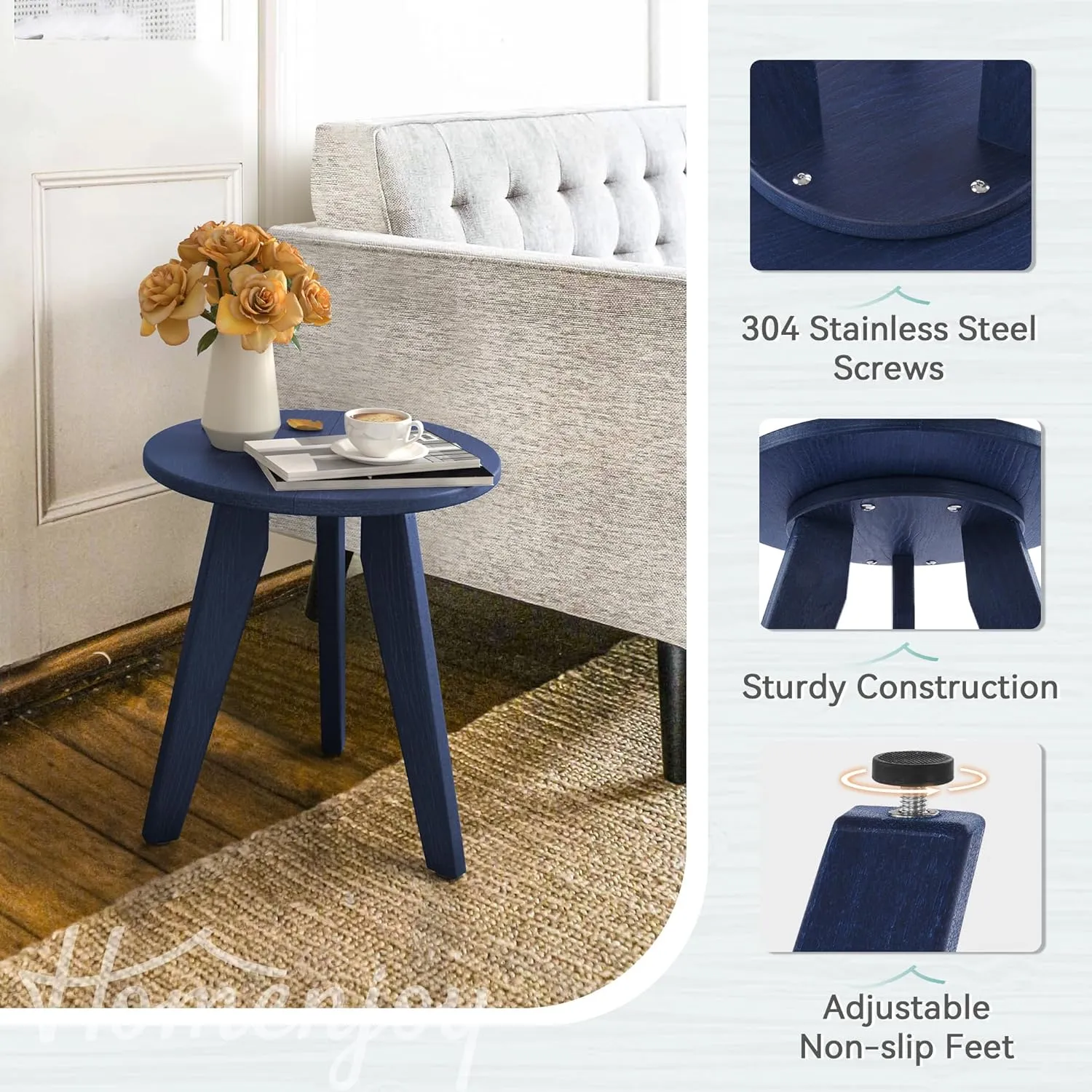 HDPE Outdoor Side Table, Small Round Side Table Weather-Resistant, Outdoor Side Tables for Patio, Porch, Deck, End Table for Plant Stand, Living Room, Bedroom, Navy