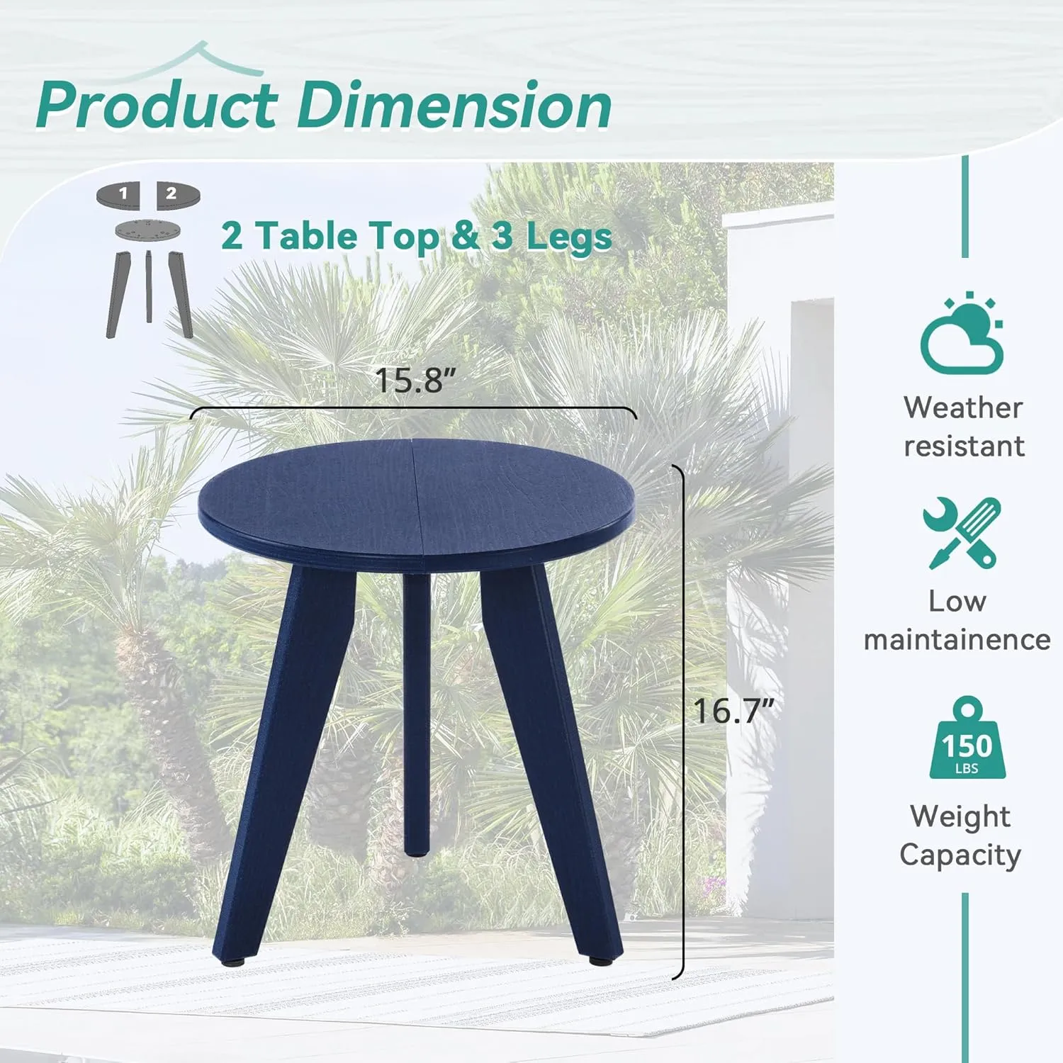 HDPE Outdoor Side Table, Small Round Side Table Weather-Resistant, Outdoor Side Tables for Patio, Porch, Deck, End Table for Plant Stand, Living Room, Bedroom, Navy