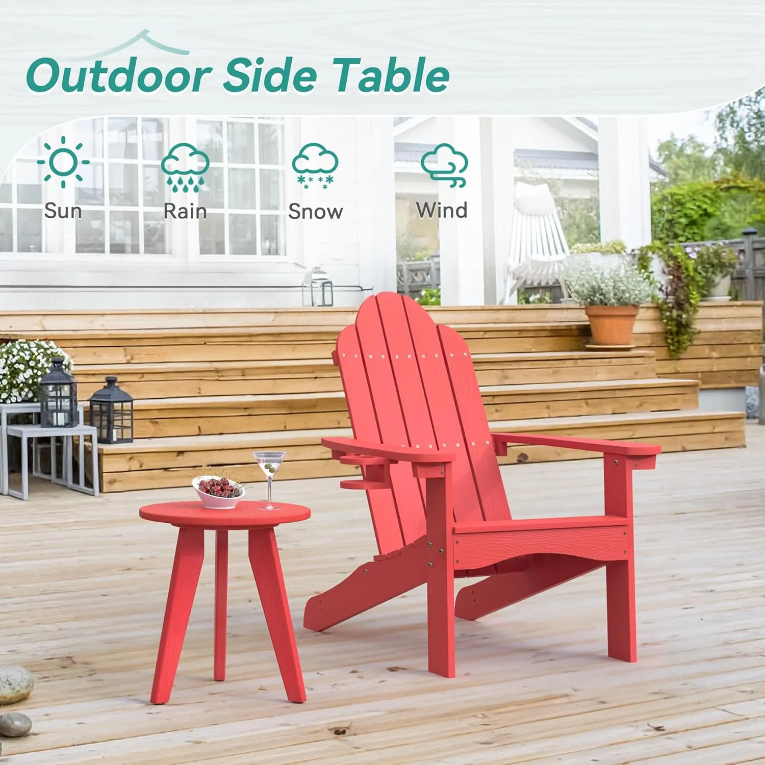 HDPE Outdoor Side Table, Small Round Side Table Weather-Resistant, Outdoor Side Tables for Patio, Porch, Deck, End Table for Plant Stand, Living Room, Bedroom, Red