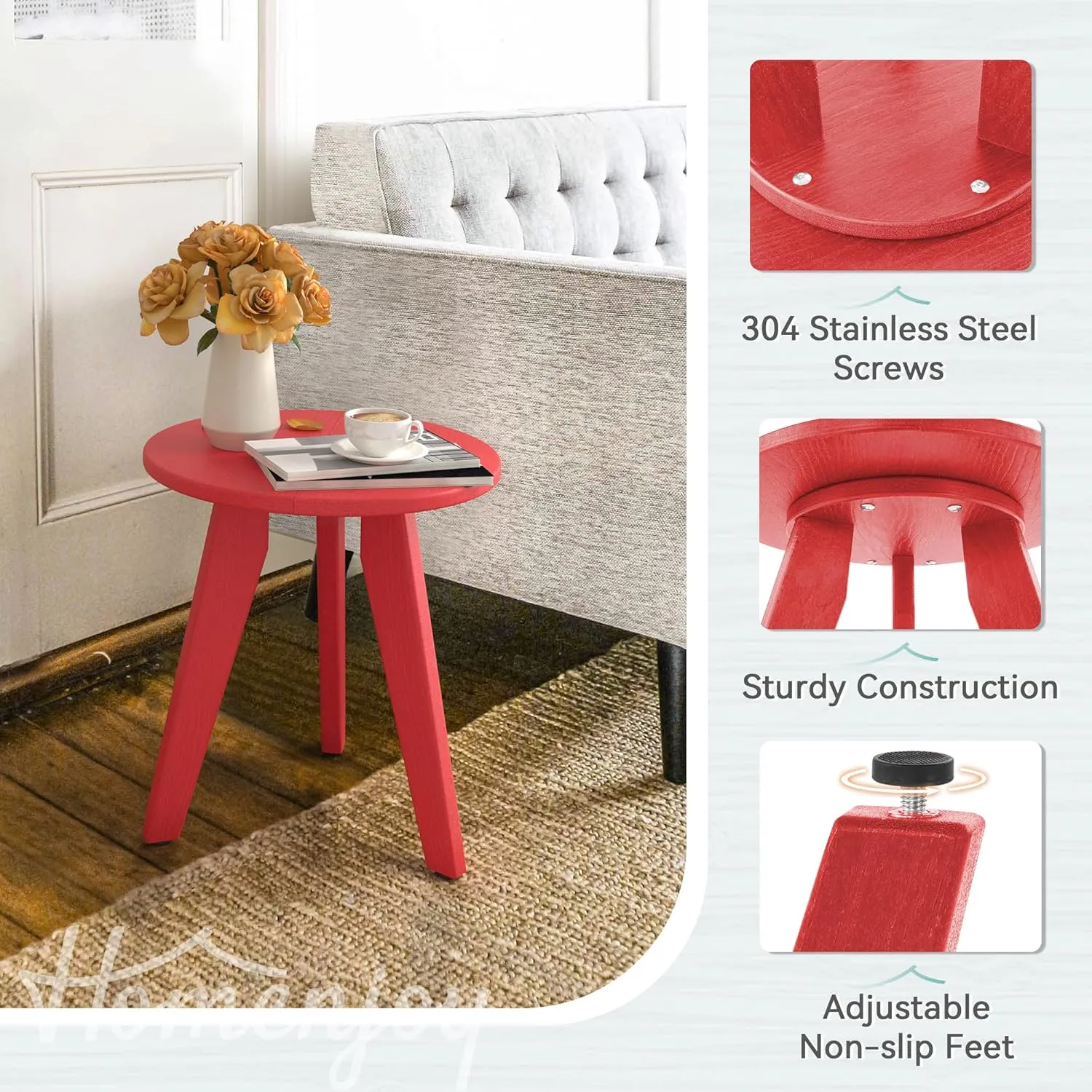 HDPE Outdoor Side Table, Small Round Side Table Weather-Resistant, Outdoor Side Tables for Patio, Porch, Deck, End Table for Plant Stand, Living Room, Bedroom, Red