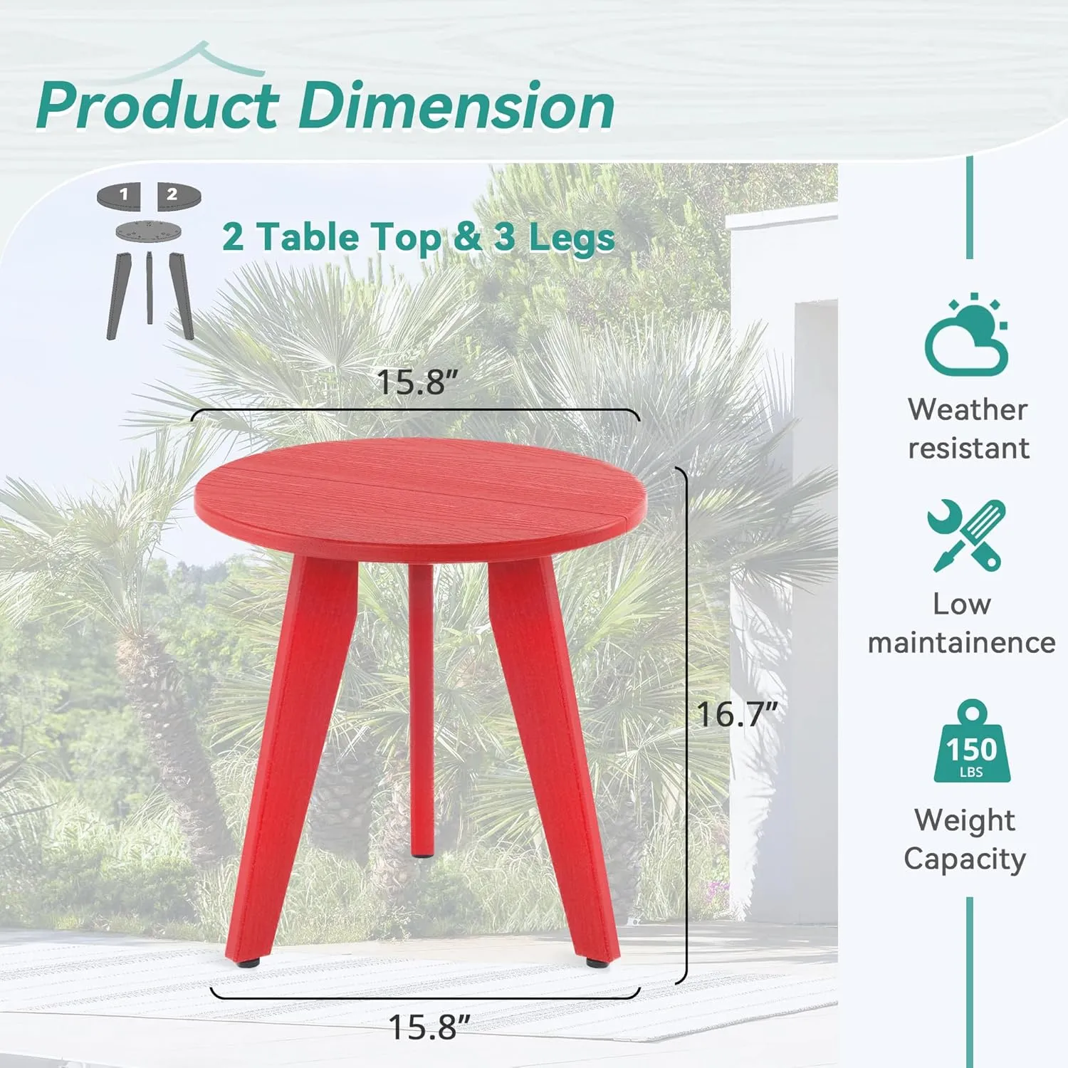 HDPE Outdoor Side Table, Small Round Side Table Weather-Resistant, Outdoor Side Tables for Patio, Porch, Deck, End Table for Plant Stand, Living Room, Bedroom, Red