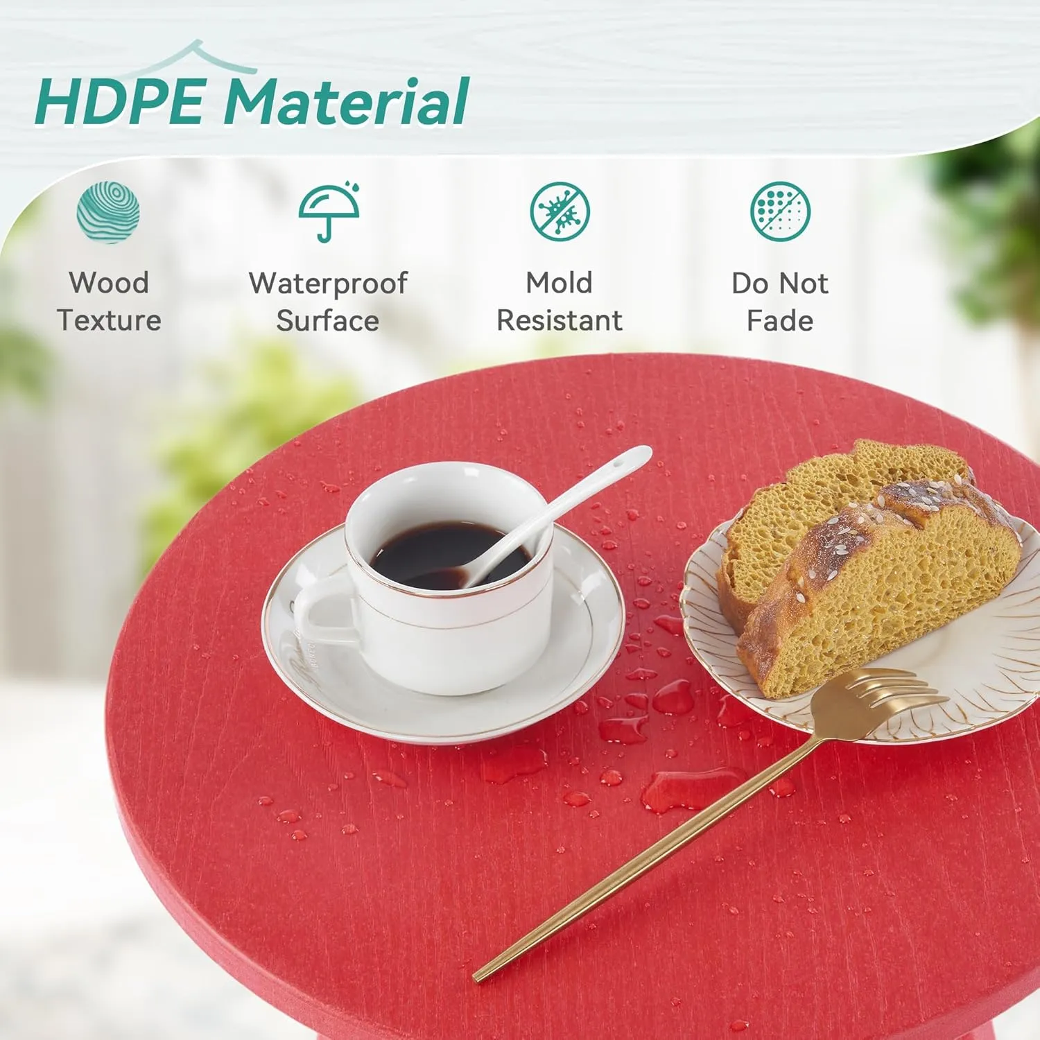 HDPE Outdoor Side Table, Small Round Side Table Weather-Resistant, Outdoor Side Tables for Patio, Porch, Deck, End Table for Plant Stand, Living Room, Bedroom, Red