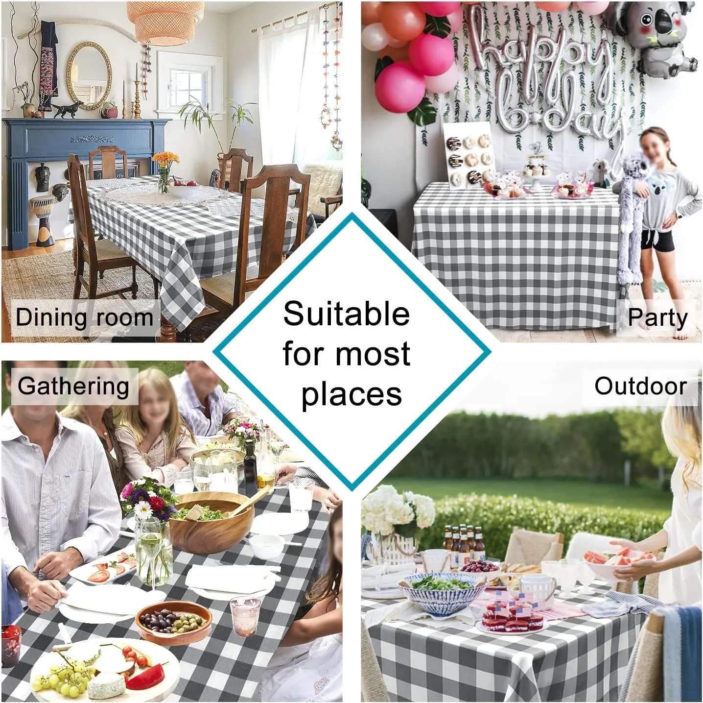Hiasan Checkered Rectangle Tablecloth - Stain Resistant, Waterproof and Wrinkle Resistant Washable Table Cloth for Dining Room, 54 x 80 Inch,Grey and White Gingham Pattern