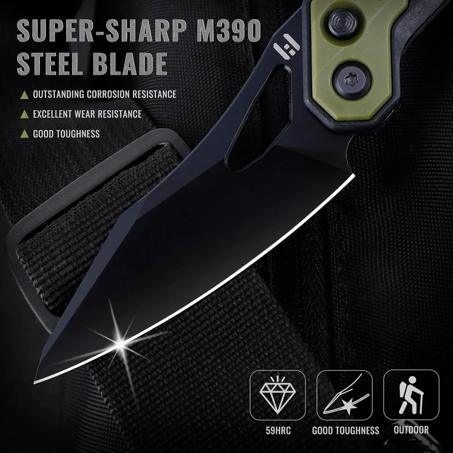 Hightron SPECTRON Pocket Knife for Men,Button Lock Tactical Folding Knife,3.05" M390 Blade with Nylon Fiber Handle,Lightweight EDC Knife with Deep Carry Pocket Clip for Camping Hiking Hunting,GRN&BLK