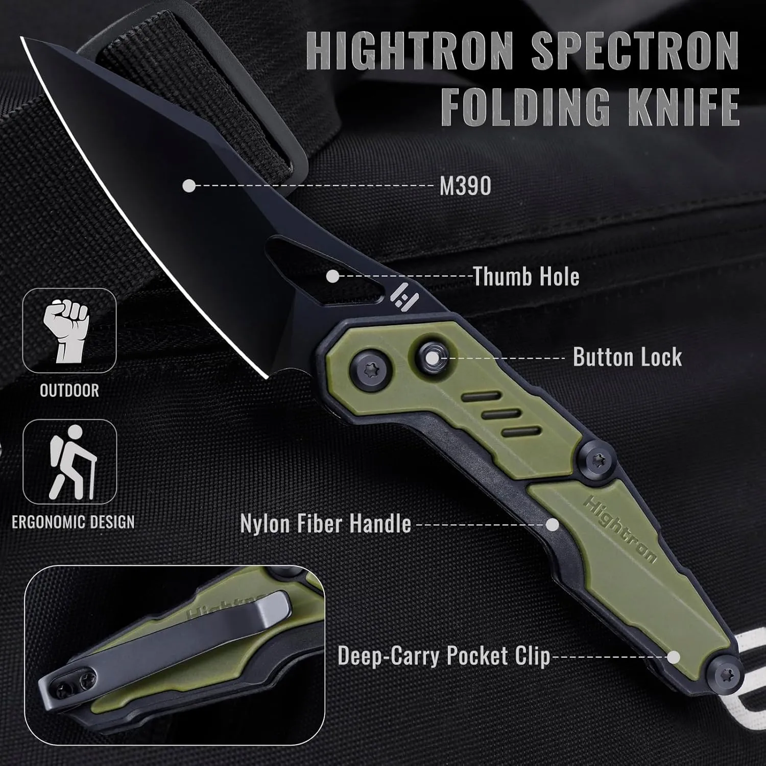 Hightron SPECTRON Pocket Knife for Men,Button Lock Tactical Folding Knife,3.05" M390 Blade with Nylon Fiber Handle,Lightweight EDC Knife with Deep Carry Pocket Clip for Camping Hiking Hunting,GRN&BLK