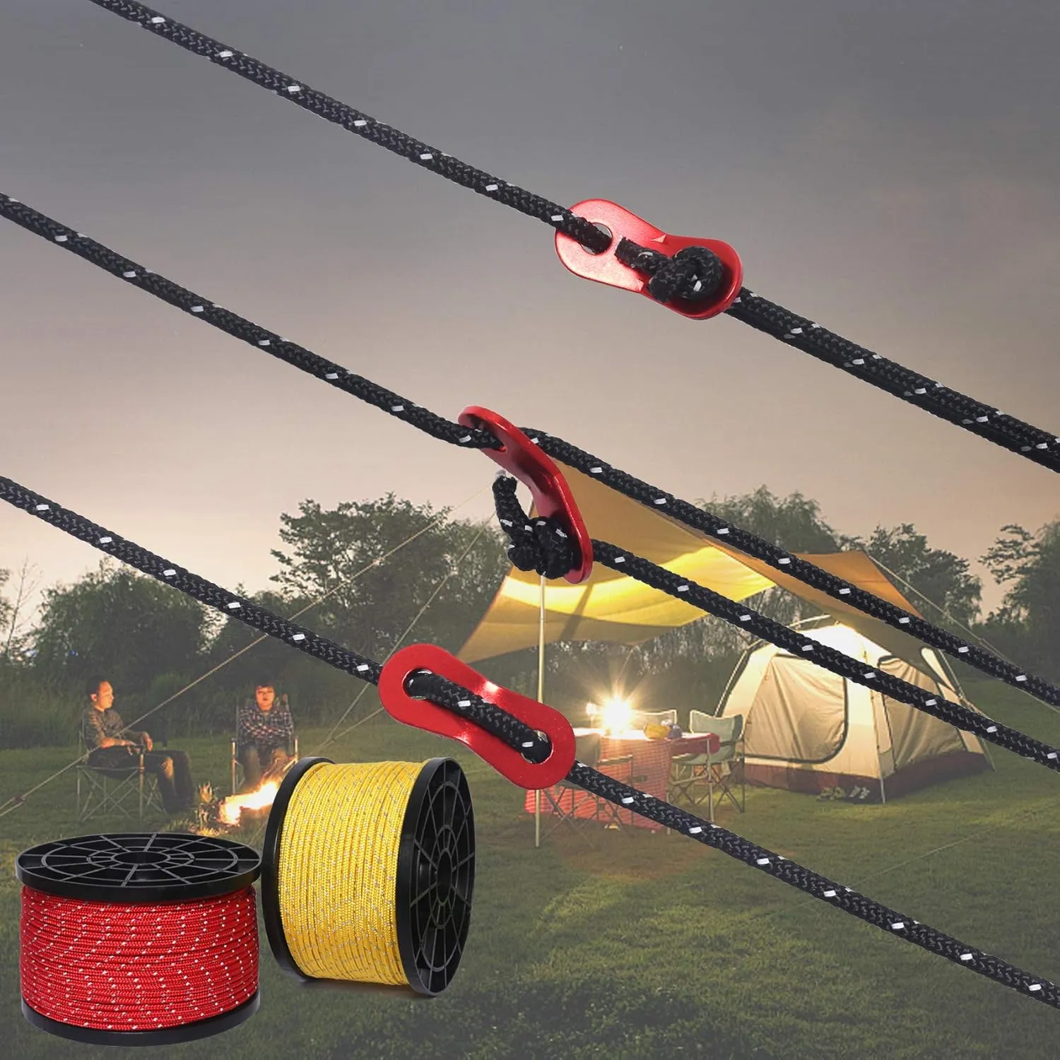HIKEMAN 50m Reflective Guyline Solid Braid Nylon Camping Rope with Aluminum Adjuster Cord Tensioner Tent Accessory for Outdoor Travel,Hiking,Backpacking and Water Activities (Yellow, 5mm)