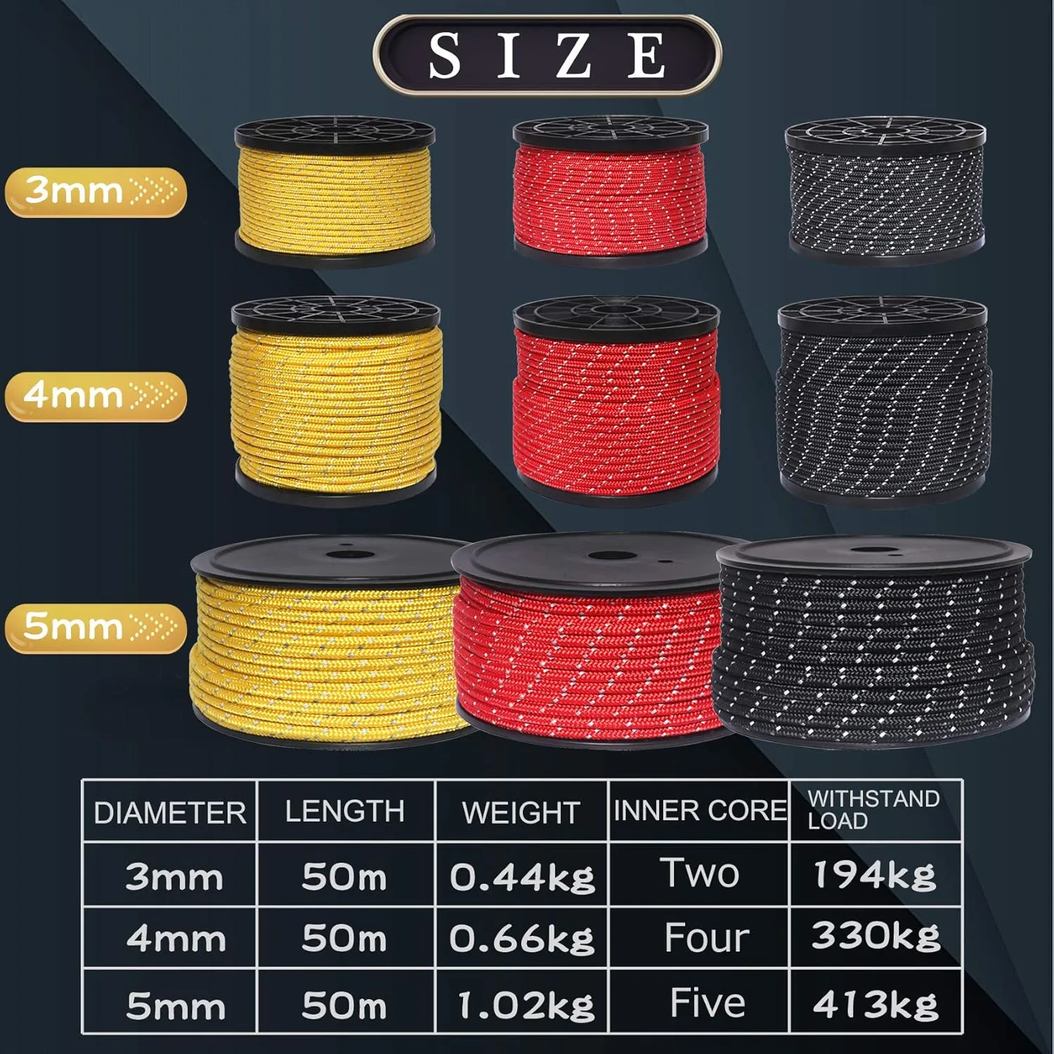 HIKEMAN 50m Reflective Guyline Solid Braid Nylon Camping Rope with Aluminum Adjuster Cord Tensioner Tent Accessory for Outdoor Travel,Hiking,Backpacking and Water Activities (Yellow, 5mm)