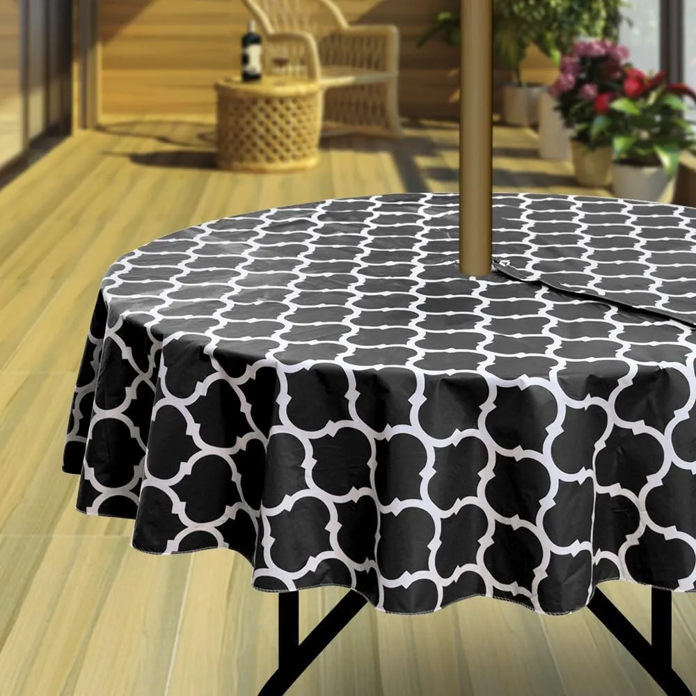 Hipinger Vinyl Round Tablecloth with Zipper and Umbrella Hole, Outdoor Oil Waterproof Stain Resisteant PVC Table Cover for Party, Picnic and Patio 60 Inch Round, Black Moroccan