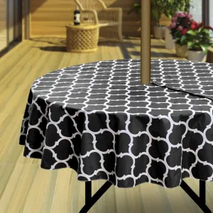 Hipinger Vinyl Round Tablecloth with Zipper and Umbrella Hole, Outdoor Oil Waterproof Stain Resisteant PVC Table Cover for Party, Picnic and Patio 60 Inch Round, Black Moroccan