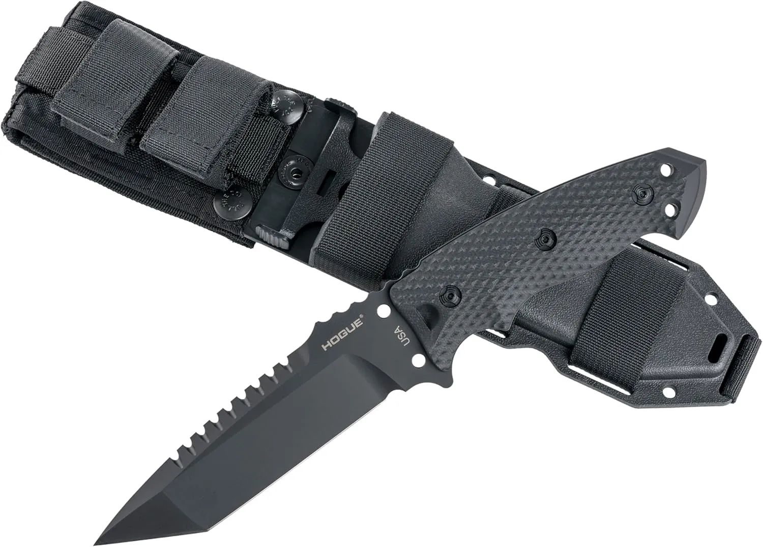 Hogue EX-F01 Combat Knife Fixed 5.5" A2 Carbon Steel Black Tanto Blade, Solid Black G10 Handles, Includes MOLLE Sheath - 35129