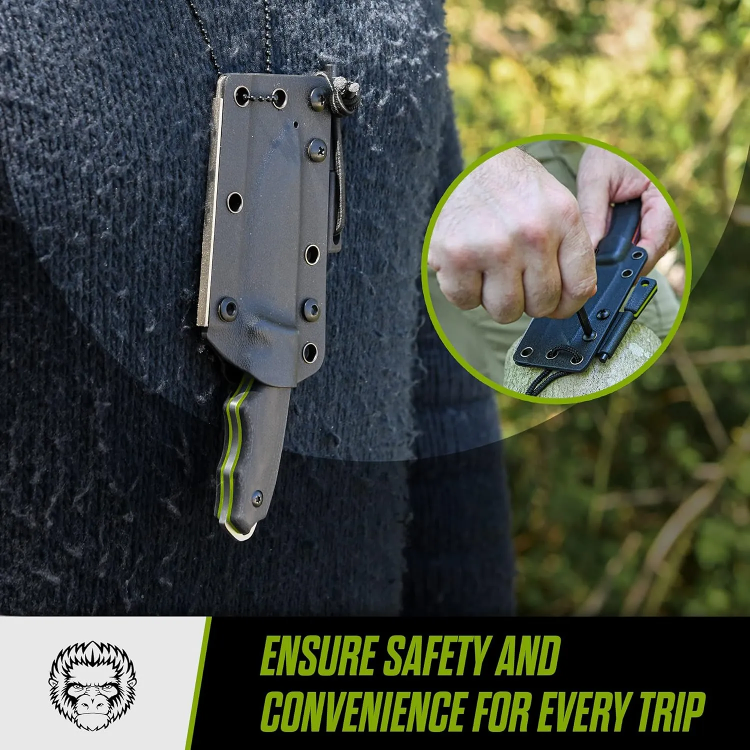 Holtzman's Gorilla Survival Baby Bloodline Fixed Blade Neck Knife with Kydex Sheath & Ferro Rod (Silver Green) - Perfect for Hiking, Camping, and EDC