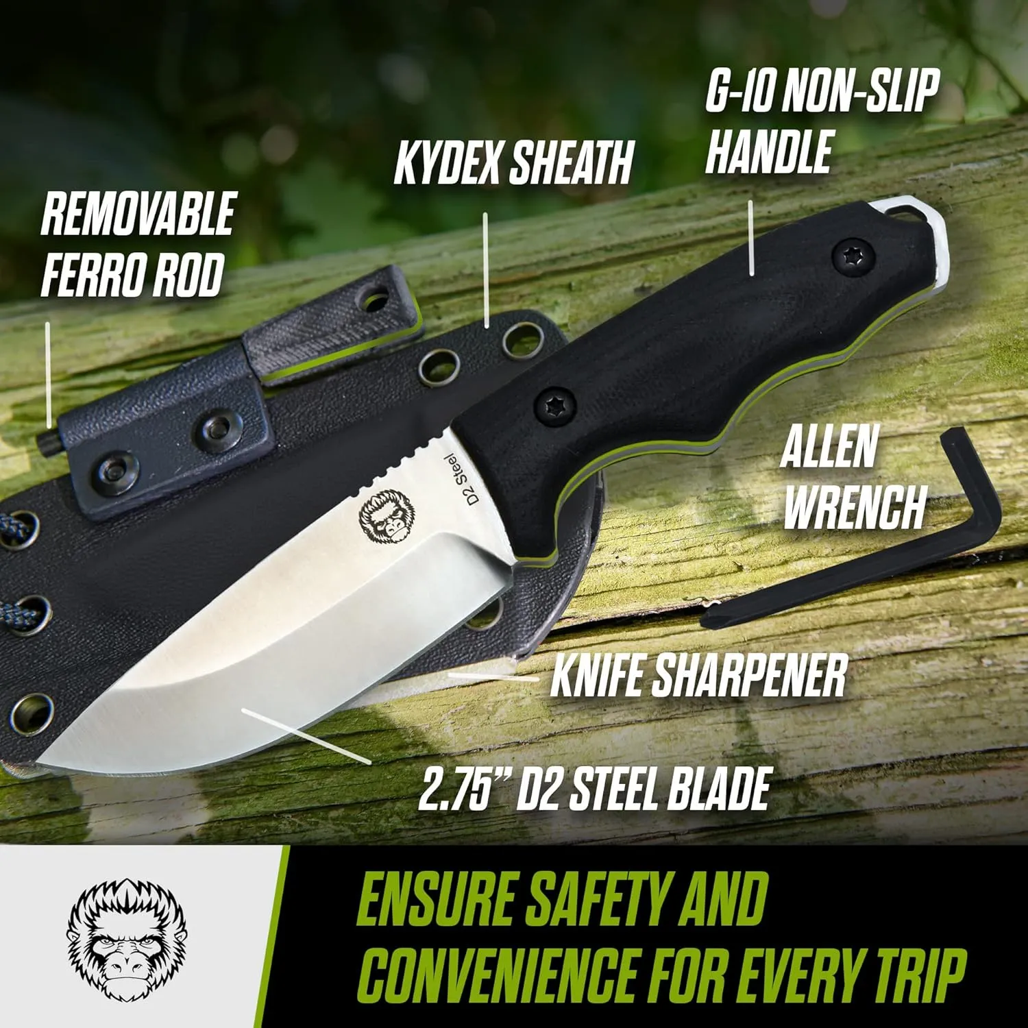 Holtzman's Gorilla Survival Baby Bloodline Fixed Blade Neck Knife with Kydex Sheath & Ferro Rod (Silver Green) - Perfect for Hiking, Camping, and EDC
