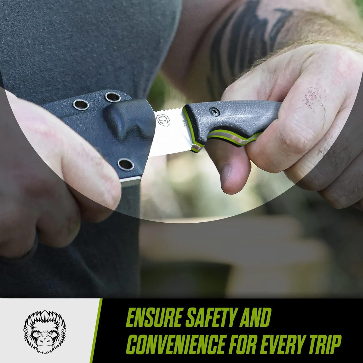 Holtzman's Gorilla Survival Baby Bloodline Fixed Blade Neck Knife with Kydex Sheath & Ferro Rod (Silver Green) - Perfect for Hiking, Camping, and EDC