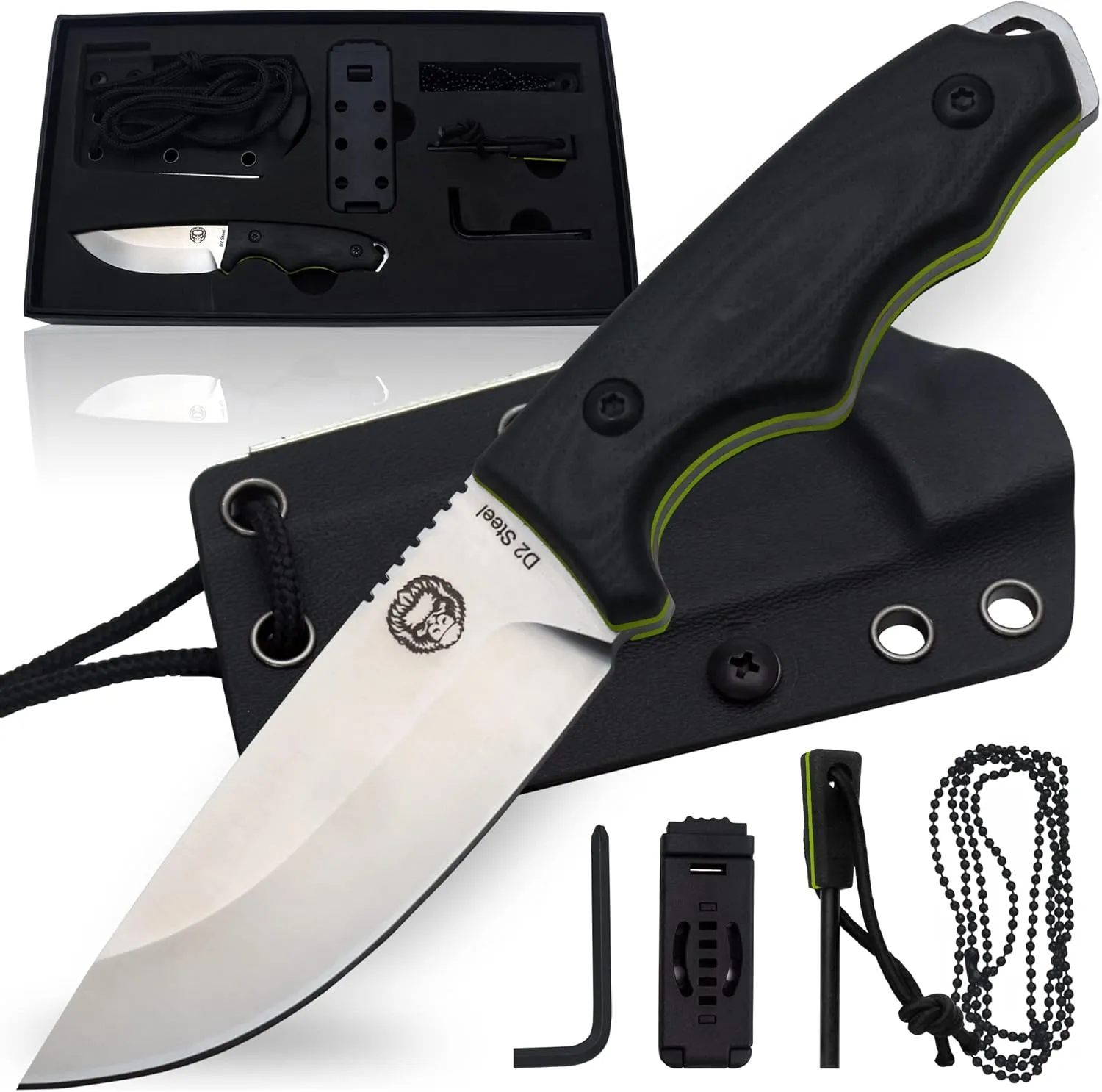 Holtzman's Gorilla Survival Baby Bloodline Fixed Blade Neck Knife with Kydex Sheath & Ferro Rod (Silver Green) - Perfect for Hiking, Camping, and EDC