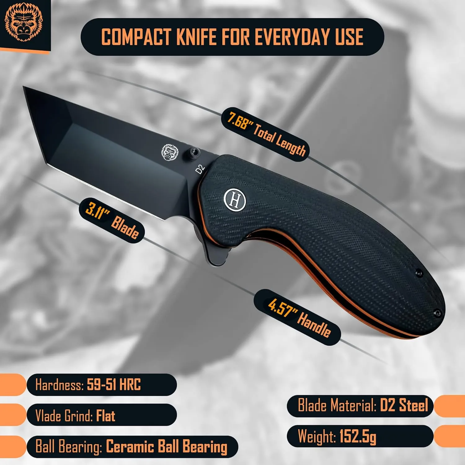 Holtzman's Gorilla Survival Folding Pocket Knife with D2 Steel Blade and G10 Handle (Black   Black/Orange Liner) - EDC Gift Set for Men and Women