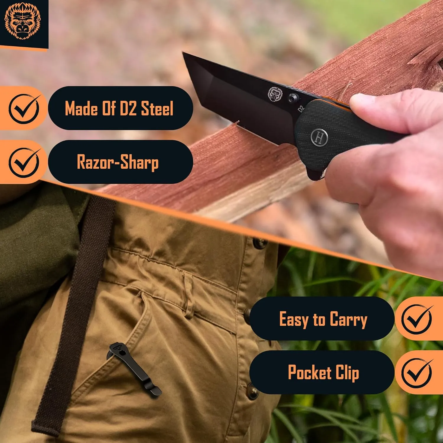 Holtzman's Gorilla Survival Folding Pocket Knife with D2 Steel Blade and G10 Handle (Black   Black/Orange Liner) - EDC Gift Set for Men and Women