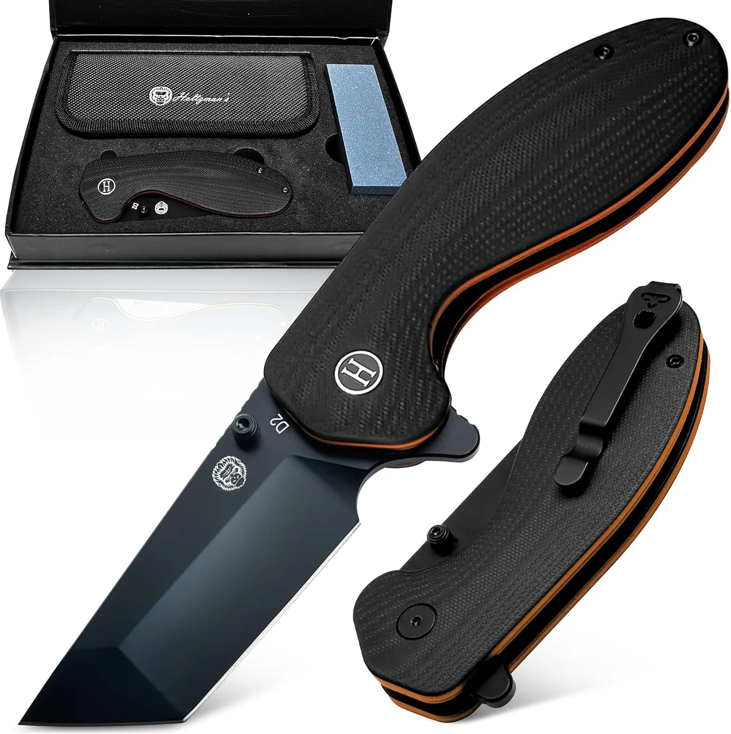 Holtzman's Gorilla Survival Folding Pocket Knife with D2 Steel Blade and G10 Handle (Black   Black/Orange Liner) - EDC Gift Set for Men and Women