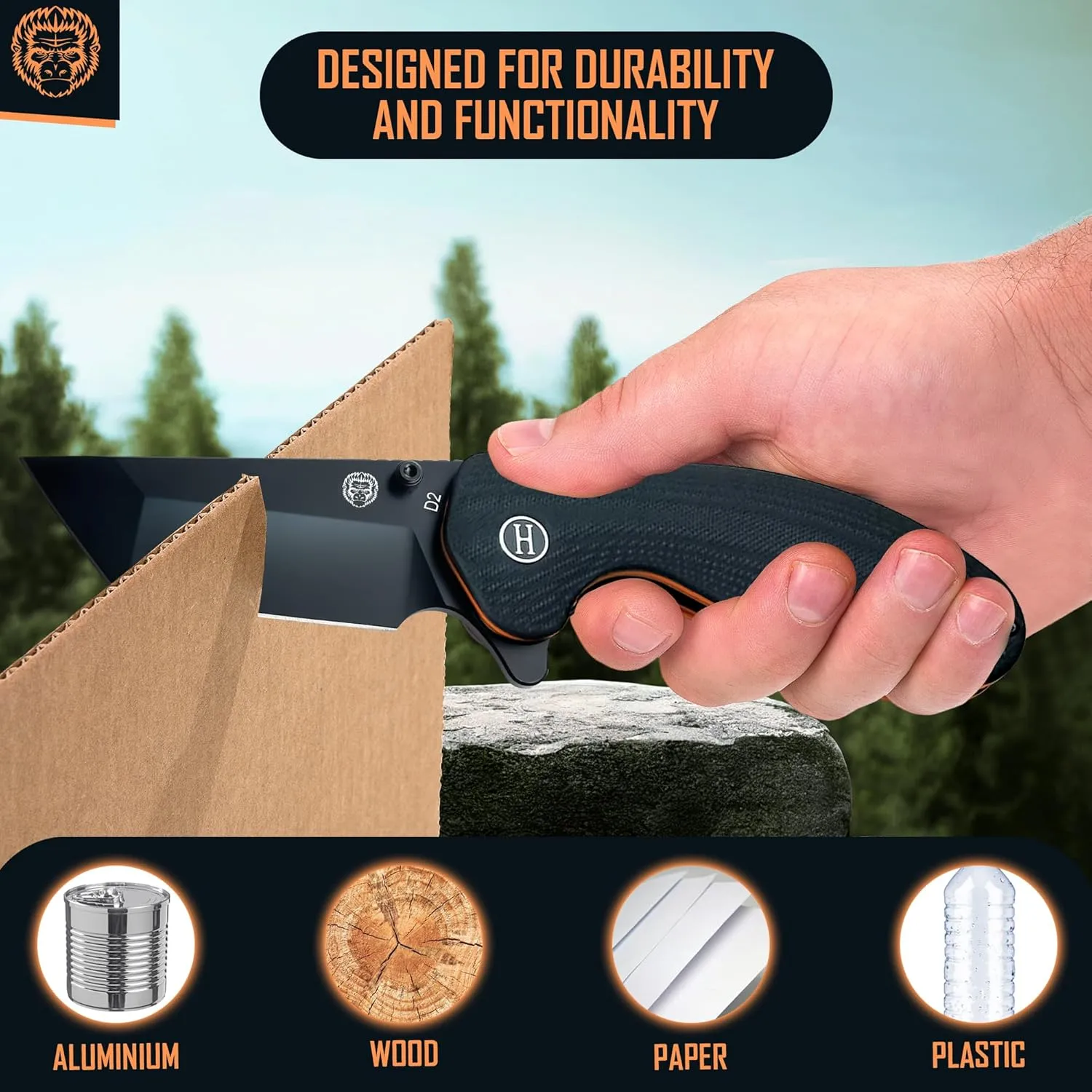 Holtzman's Gorilla Survival Folding Pocket Knife with D2 Steel Blade and G10 Handle (Black   Black/Orange Liner) - EDC Gift Set for Men and Women