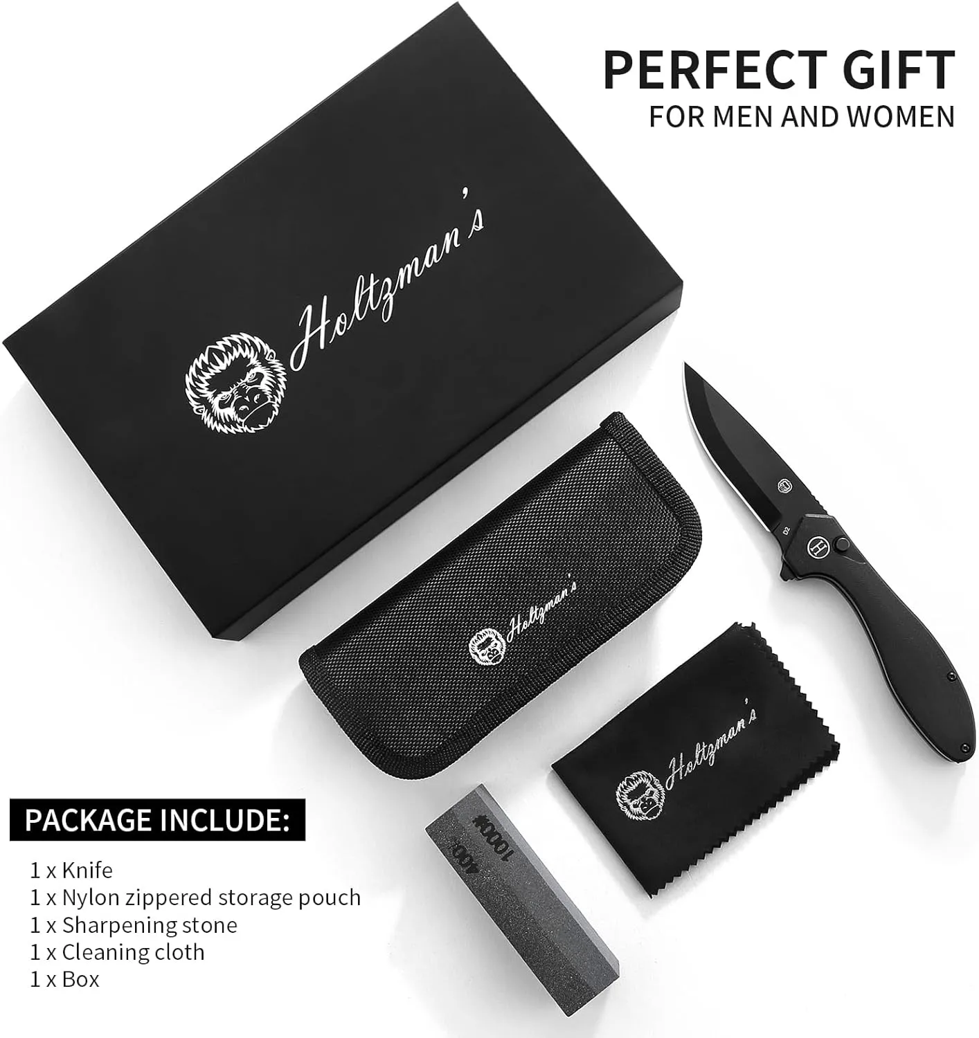 Holtzman's Gorilla Survival Mens Folding Pocket Knife Set D2 Steel Blade G10 Handle Pocket Knife EDC Gift set for Men (black blade black/blue G10 liner)