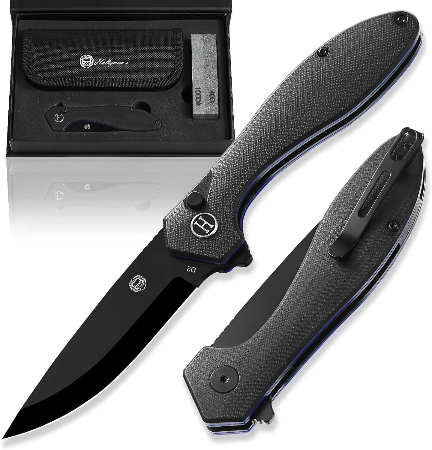 Holtzman's Gorilla Survival Mens Folding Pocket Knife Set D2 Steel Blade G10 Handle Pocket Knife EDC Gift set for Men (black blade black/blue G10 liner)