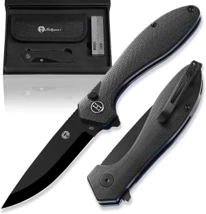 Holtzman's Gorilla Survival Mens Folding Pocket Knife Set D2 Steel Blade G10 Handle Pocket Knife EDC Gift set for Men (black blade black/blue G10 liner)